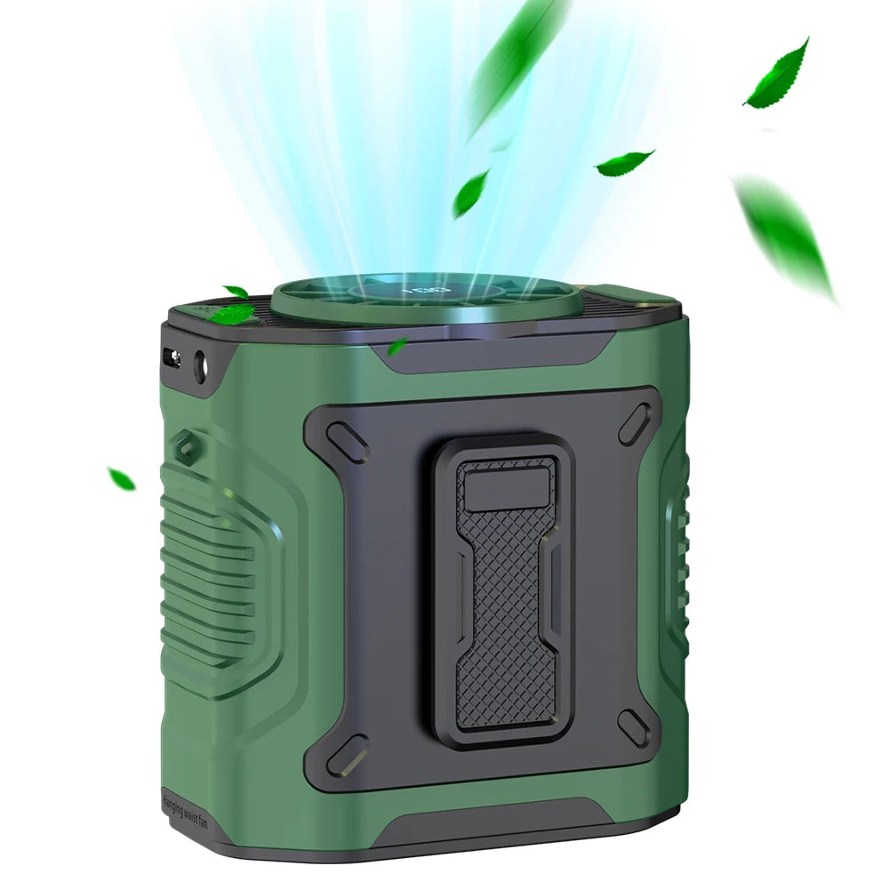 Green and black rectangular device emitting blue light and green leaves from the top.