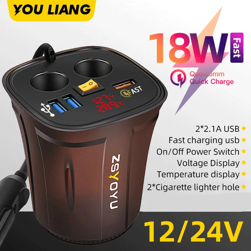 9V 8A Phone Usb 12V Car Charger Cup for iphone samsung huawei Xiaomi Dual Cigarette Lighter Socket Adapter Fast Charger QC 3.0