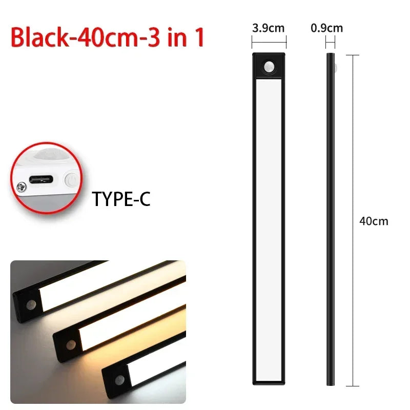 10-60CM Motion Sensor Under Cabinet Lights Wireless USB Rechargeable Night Light 3 Colors Indoor Closet Lamp Bedroom Lighting