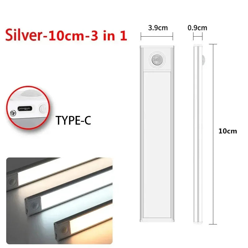 10-60CM Motion Sensor Under Cabinet Lights Wireless USB Rechargeable Night Light 3 Colors Indoor Closet Lamp Bedroom Lighting
