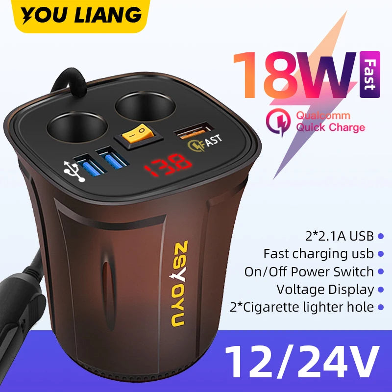 9V 8A Phone Usb 12V Car Charger Cup for iphone samsung huawei Xiaomi Dual Cigarette Lighter Socket Adapter Fast Charger QC 3.0