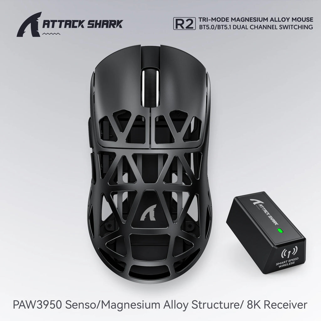Attack Shark R2 Gaming Wireless Mouse PAW3950 8K Magnesium Alloy Lightweight Gaming Mouse Bluetooth Tri-Mode for Gaming/Office