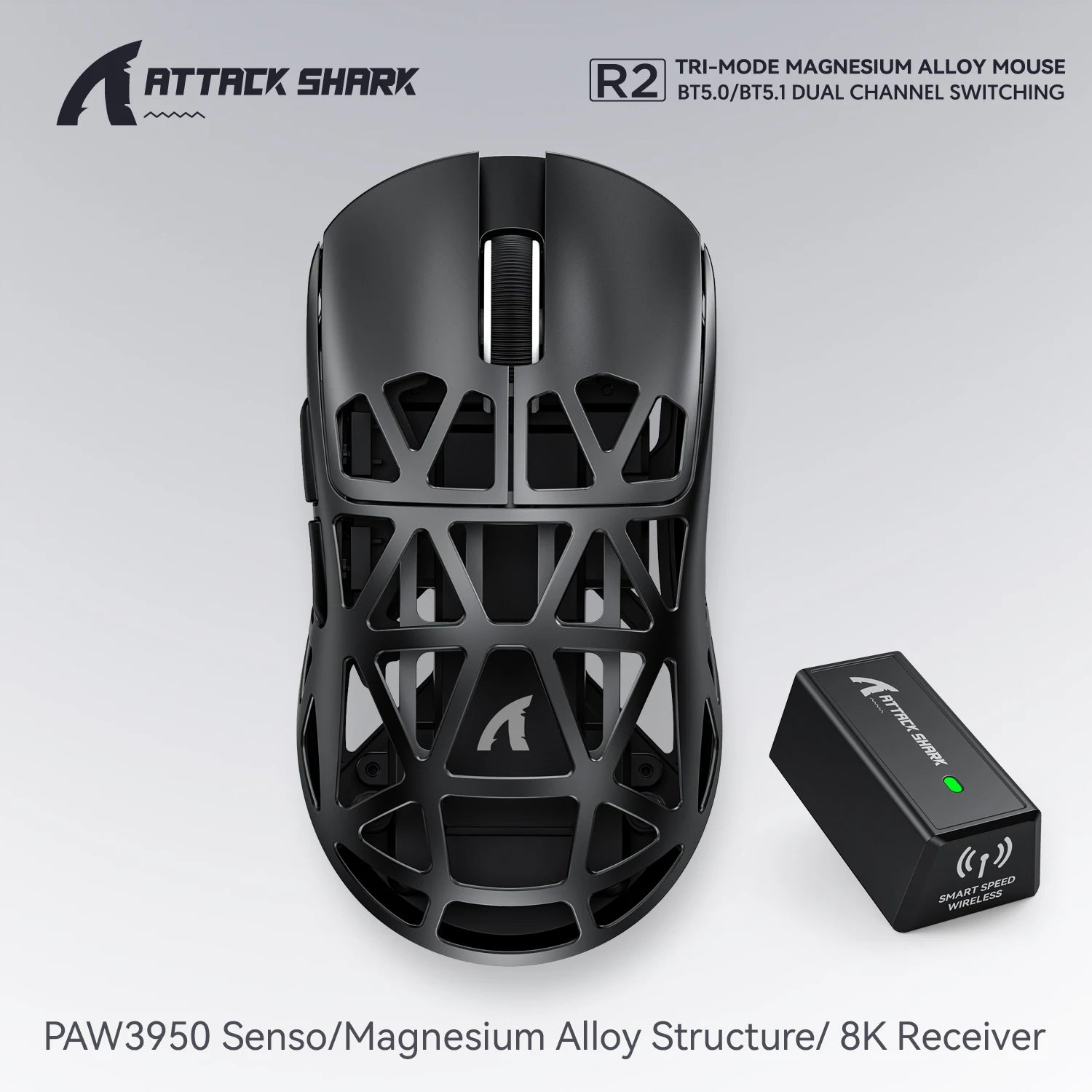 Attack Shark R2 Gaming Wireless Mouse PAW3950 8K Magnesium Alloy Lightweight Gaming Mouse Bluetooth Tri-Mode for Gaming/Office