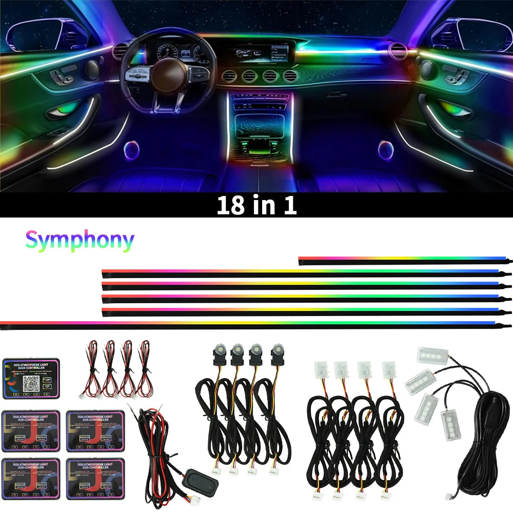 64 Colors RGB Symphony Car Ambient Light 6/10/18 in 1 Interior Acrylic LED Strip Light Decoration Atmosphere Lamp By APP Control