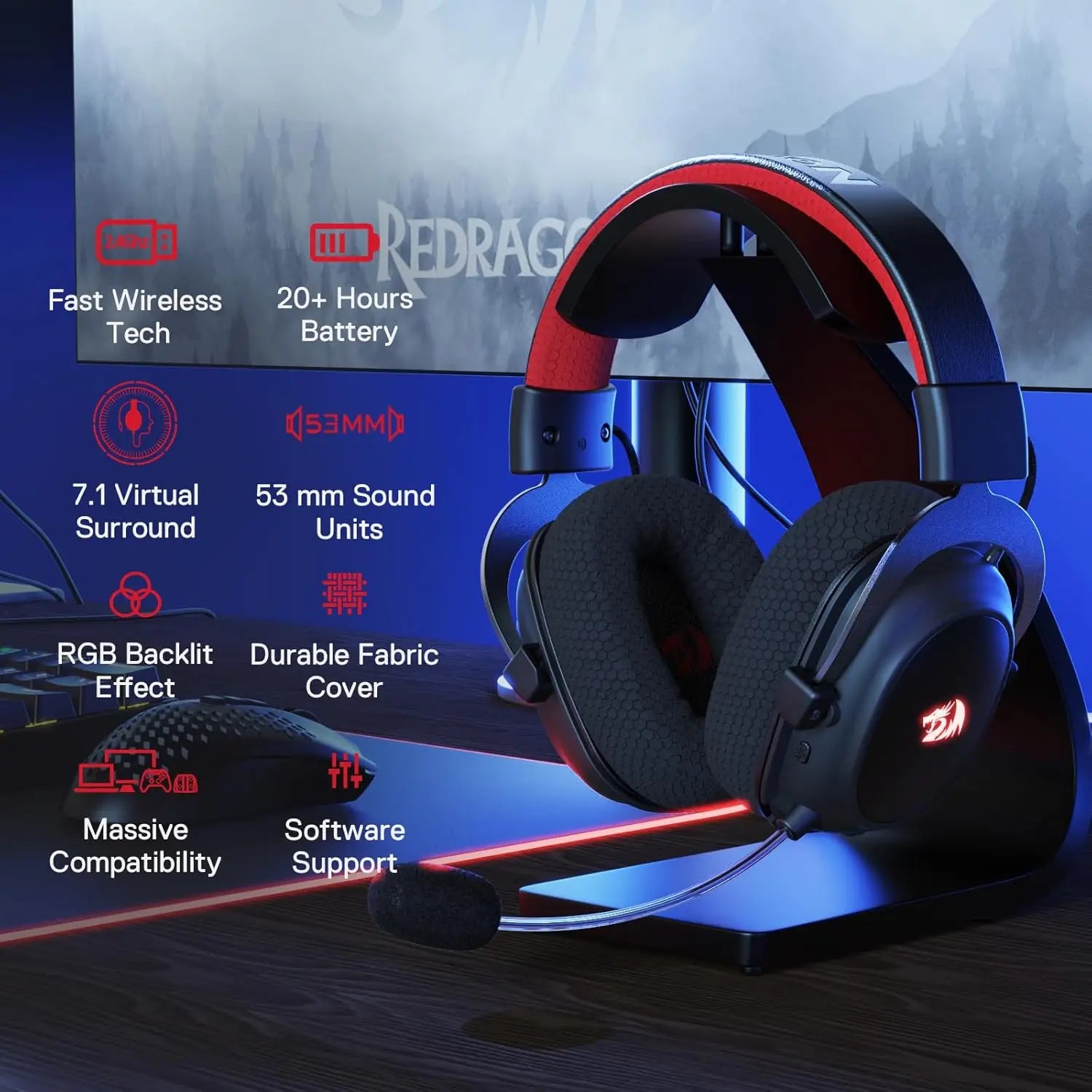 Redragon H510 PRO Zeus-X RGB Wireless Gaming Headset 7.1 Surround Sound 53MM Audio Drivers  Multi Platforms Headphone