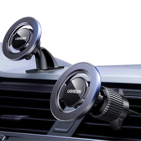 Two black magnetic car phone mounts attached to a dashboard and air vent.