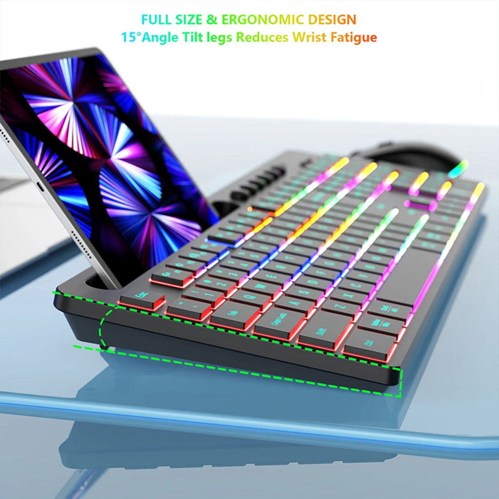 Wireless Keyboard and Mouse Combo with Backlit Full Size Ergonomic Keyboard with Phone Tablet Holder 2.4G Mouse for PC Laptop