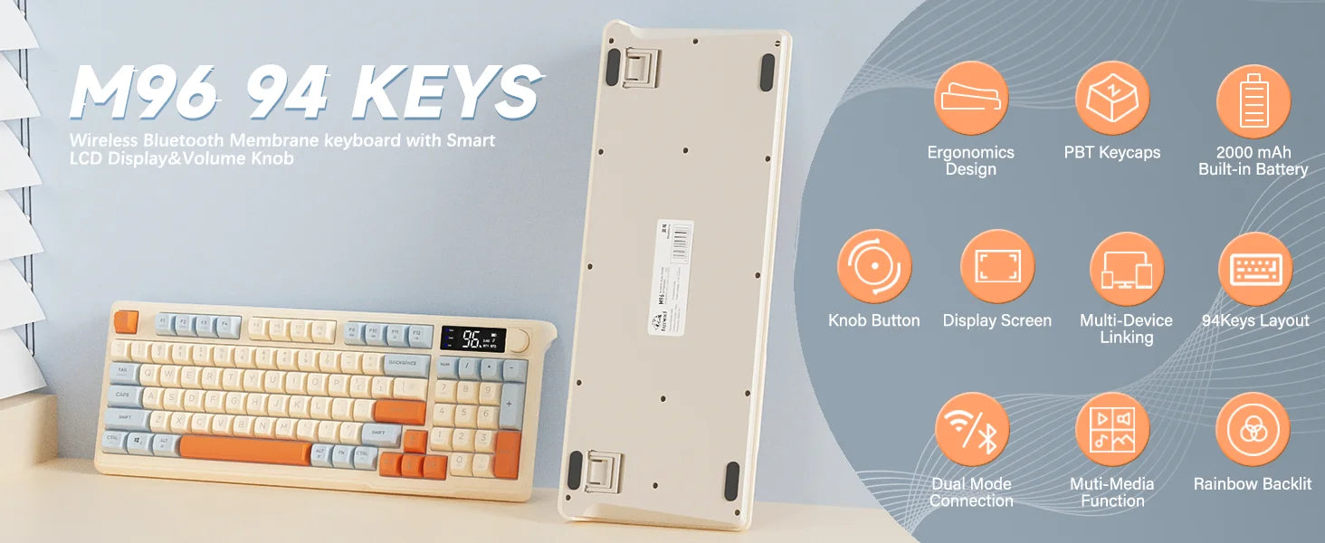 ZIYOU LANG Wireless Gaming Keyboard with Display Screen & Knob, Bluetooth/2.4GHz Quiet Membrane Keyboard, 3000mAh Rechargeable