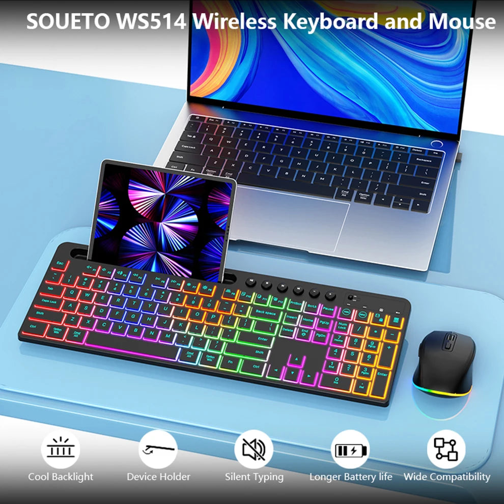 Wireless Keyboard and Mouse Combo with Backlit Full Size Ergonomic Keyboard with Phone Tablet Holder 2.4G Mouse for PC Laptop