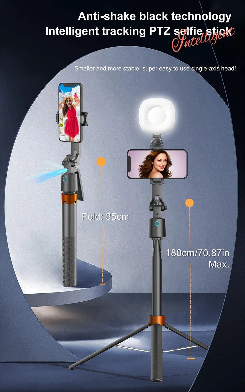 180cm70.9in Facial Tracking 360°Rotation Gimbals Stabilizer Selfie Stick Intelligent Phone Holder Tripod for Mobile Camera GoPro