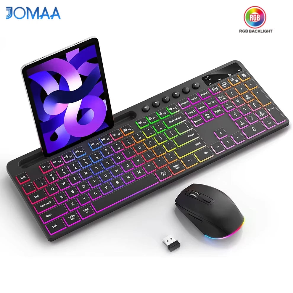 Wireless Keyboard and Mouse Combo with Backlit Full Size Ergonomic Keyboard with Phone Tablet Holder 2.4G Mouse for PC Laptop