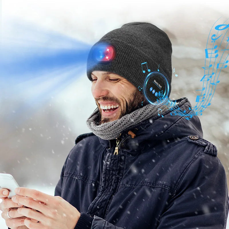 Can be equipped with Wireless Bluetooth music knitted hat new outdoorledlighting rechargeable detachable luminous sleeve cap