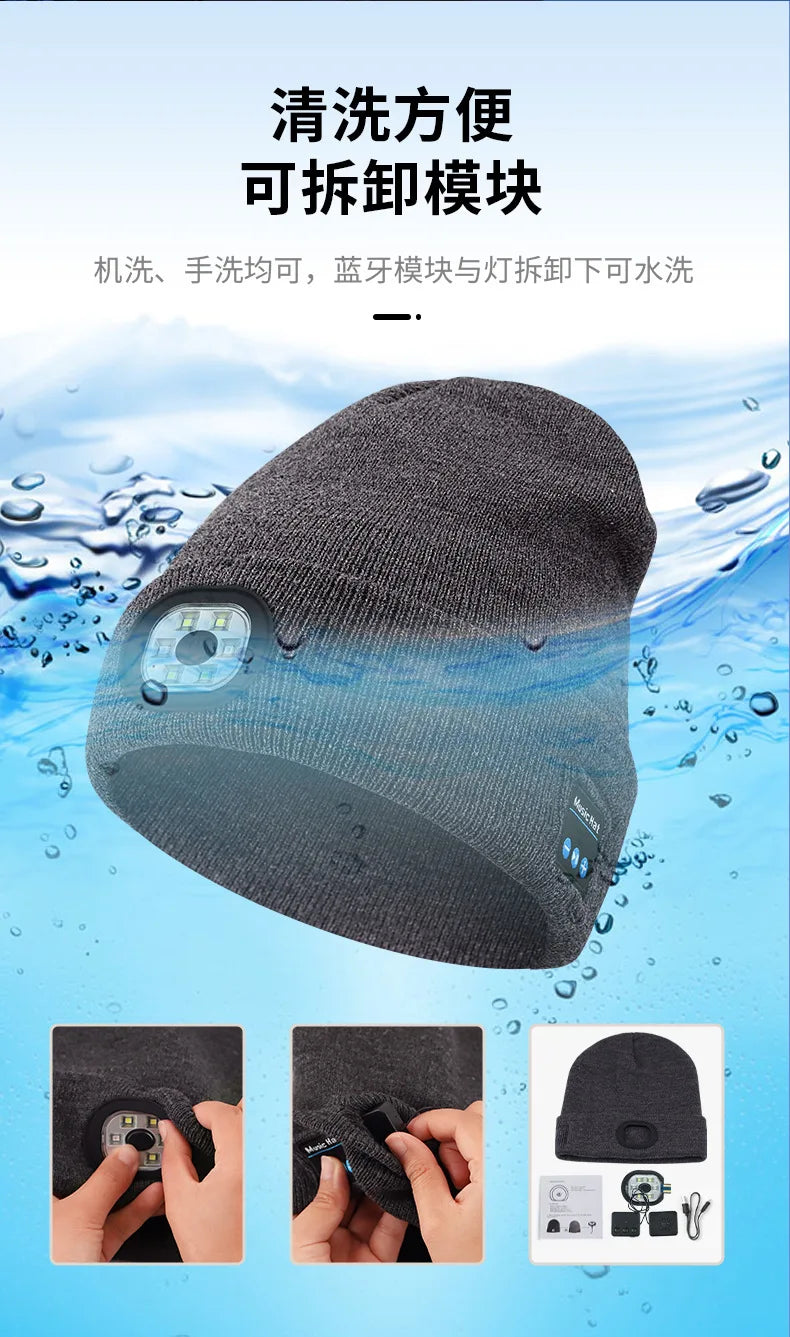 Can be equipped with Wireless Bluetooth music knitted hat new outdoorledlighting rechargeable detachable luminous sleeve cap