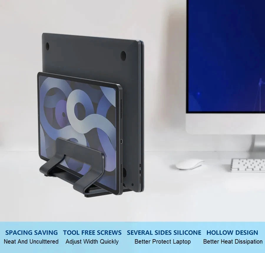 Vertical Laptop Stand Tool-Free Adjustable Aluminum Laptop Stand Holder Vertical Width From 0.35"-1.6" Support Almost All Laptop