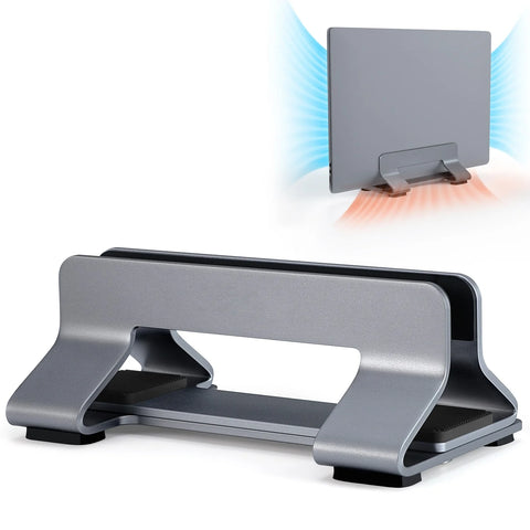 Sleek gray laptop stand with an open slot and non-slip pads, featuring a laptop in vertical position.