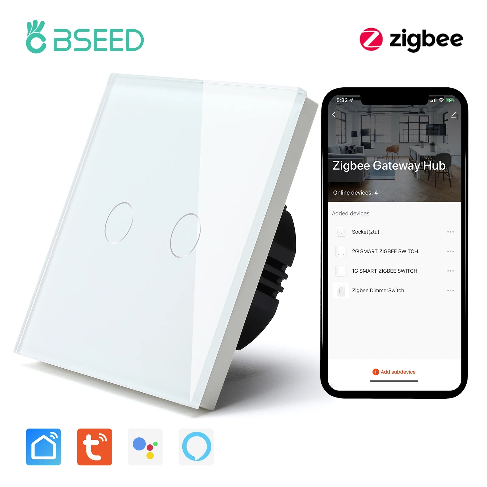 BSEED Zigbee 1/2/3Gang Wall Touch Switches Tuya Smart Life Alexa Control Plus EU Wall Socket USB Type-c Ports No Neutral Version