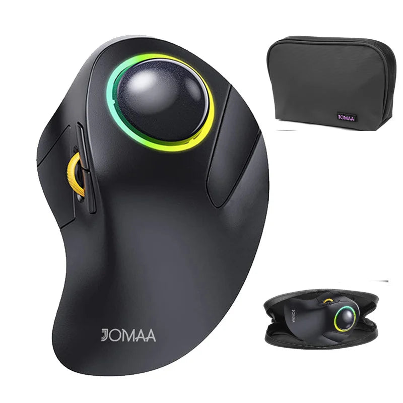 Ergonomic black mouse with green-lit trackball, yellow scroll wheel, and a black carrying case.