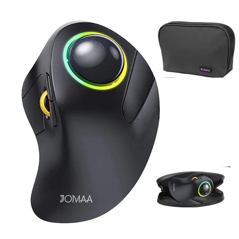 Ergonomic black mouse with green-lit trackball, yellow scroll wheel, and a black carrying case.