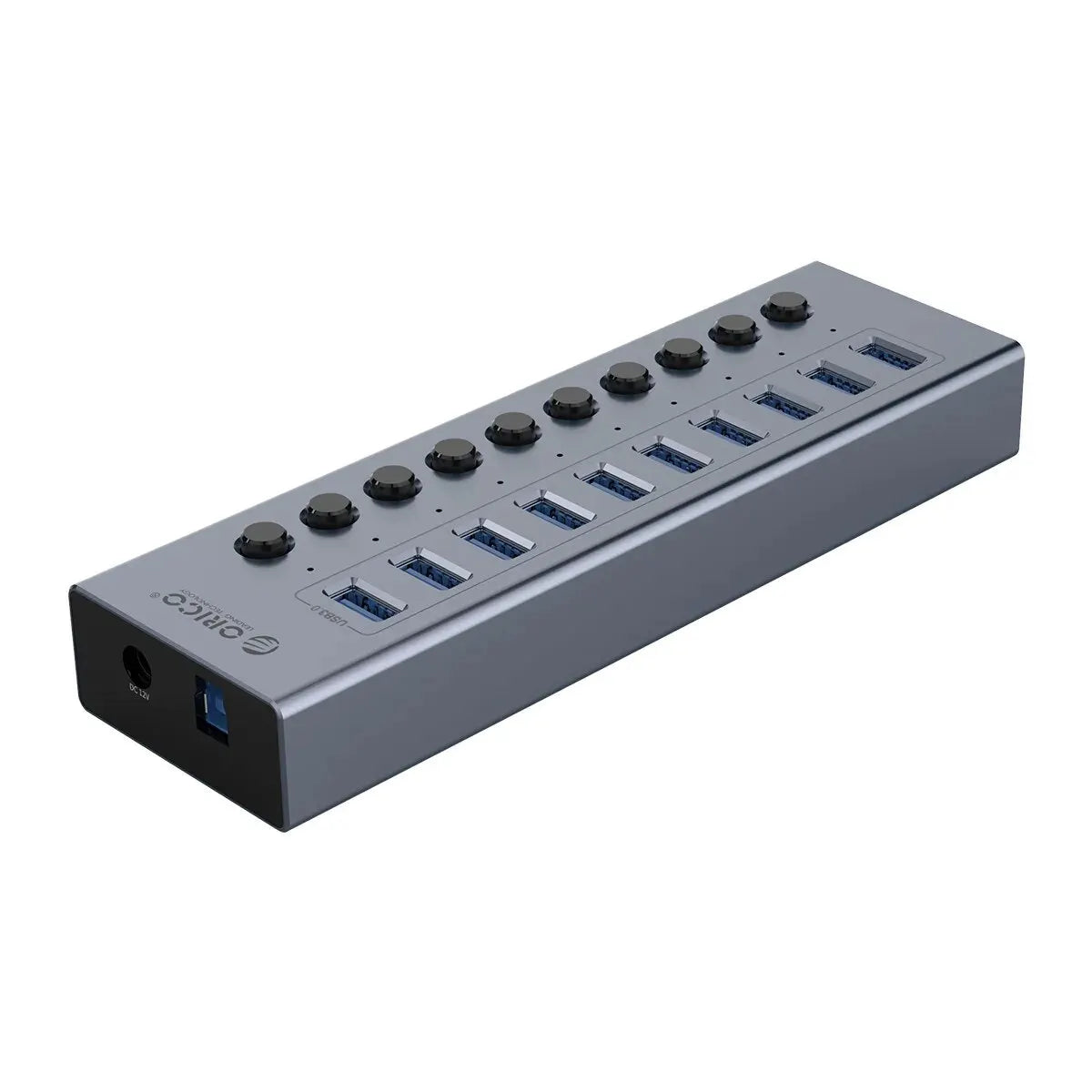 Gray USB hub with 10 blue ports and black switches on top, featuring a power port on the side.