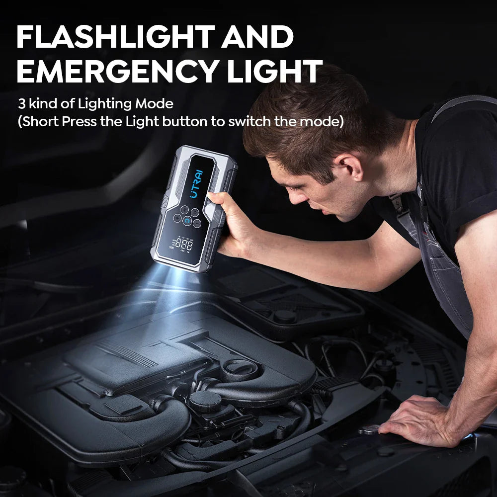 Side view of UTRAI Jump Starter showing ports