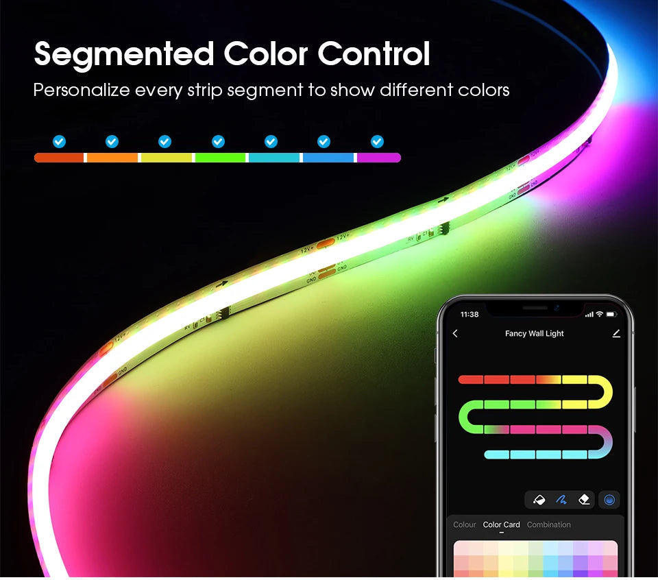 Tuya Smart WIFI RGBIC COB LED Strip Light Tape Addressable WS2811 IC Flexible RGB Neon LED Light 12V APPControl for Alexa Google