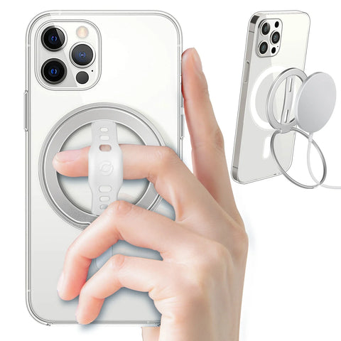 Clear phone case with a silver ring grip; shows hand holding it securely.
