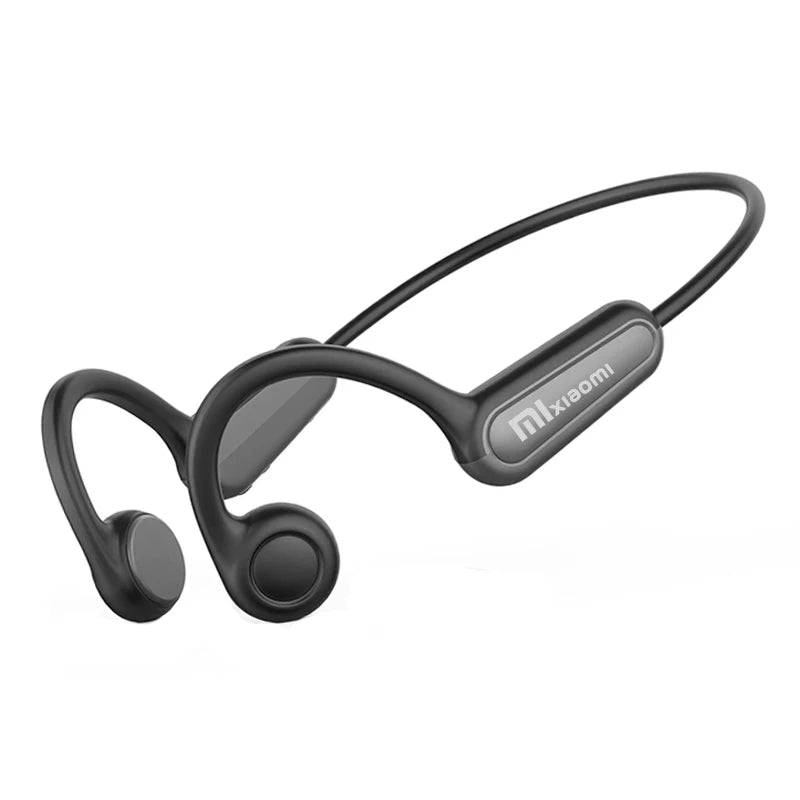 Black bone conduction headphones with a sleek, curved design and a thin connecting band.