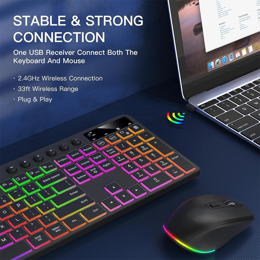 Wireless Keyboard and Mouse Combo with Backlit Full Size Ergonomic Keyboard with Phone Tablet Holder 2.4G Mouse for PC Laptop