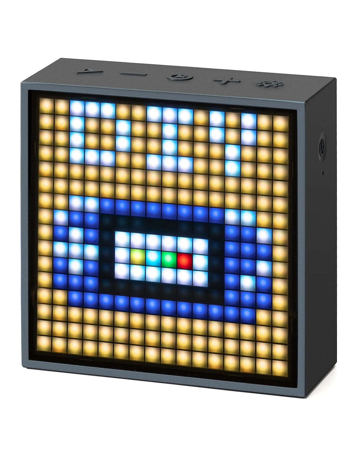 Square black speaker with pixel art display, featuring colorful eye pattern in blue and yellow.