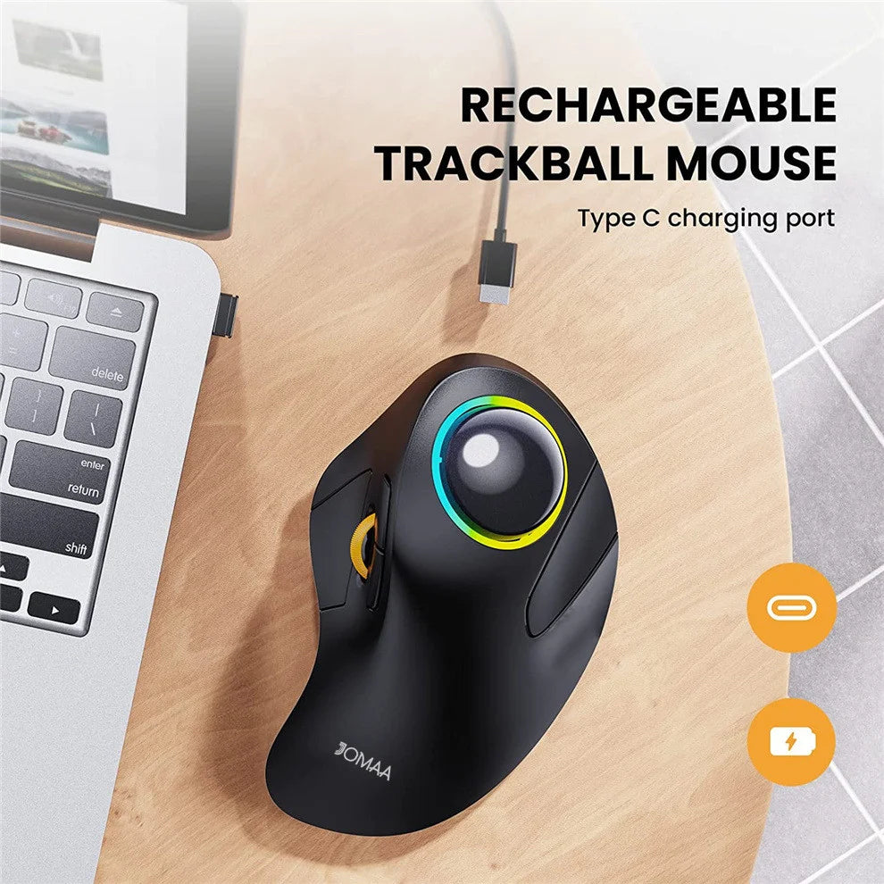 JOMAA Vertical Trackball Mouse RGB Backlit Bluetooth USB Wireless Erogonomic Mice Rollerball Mouse for Computer Laptop Mac