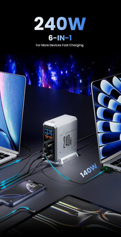 240W GaN Charger PD3.1 140W USB Type C 6 Ports PPS PD Desktop Fast Charging Station for MacBook Laptops Tablet iPhone Samsung
