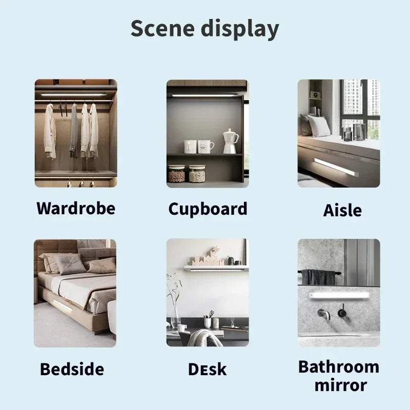 10-60CM Motion Sensor Under Cabinet Lights Wireless USB Rechargeable Night Light 3 Colors Indoor Closet Lamp Bedroom Lighting