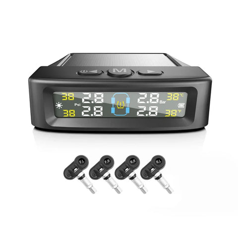 Digital tire pressure monitor with LCD display showing numbers, and four black sensors below.