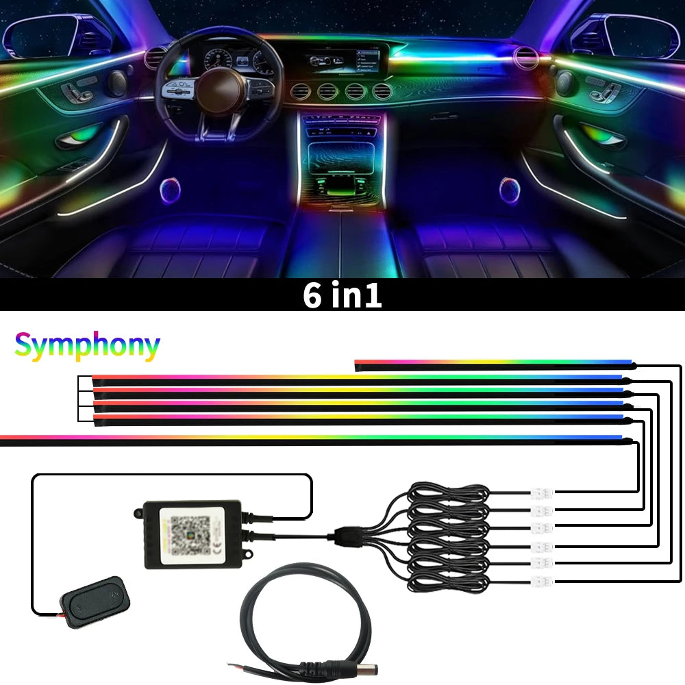64 Colors RGB Symphony Car Ambient Light 6/10/18 in 1 Interior Acrylic LED Strip Light Decoration Atmosphere Lamp By APP Control