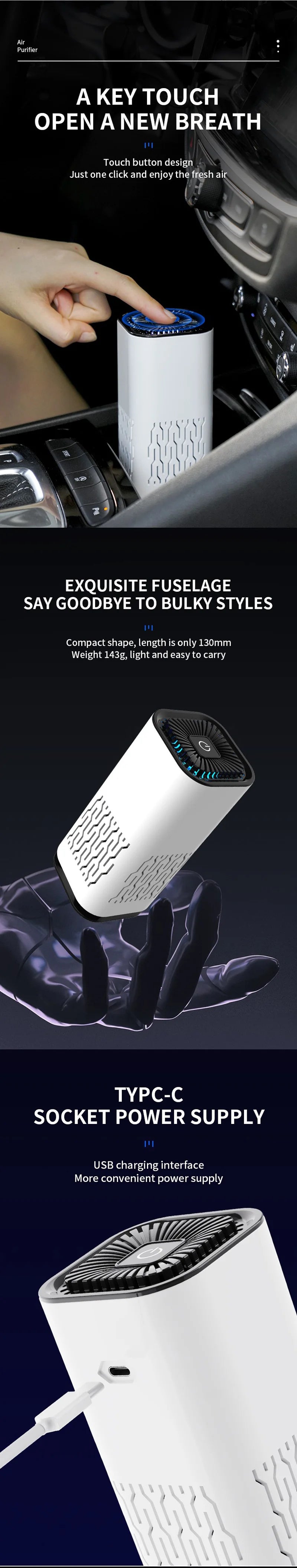 Car Air Purifier USB Rechargeable Negative Ion Odor Removal Formaldehyde Deodorant Air Freshener With Atmosphere Light For Car