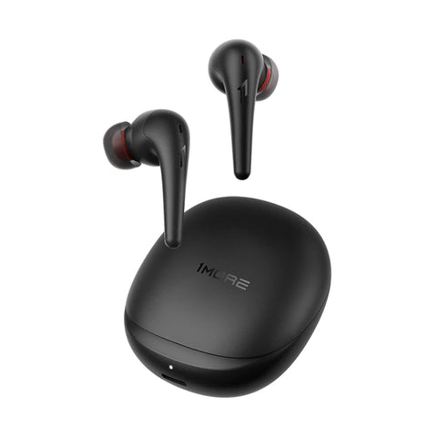 Black wireless earbuds with a rounded charging case. Earbuds have a red accent on the tips.