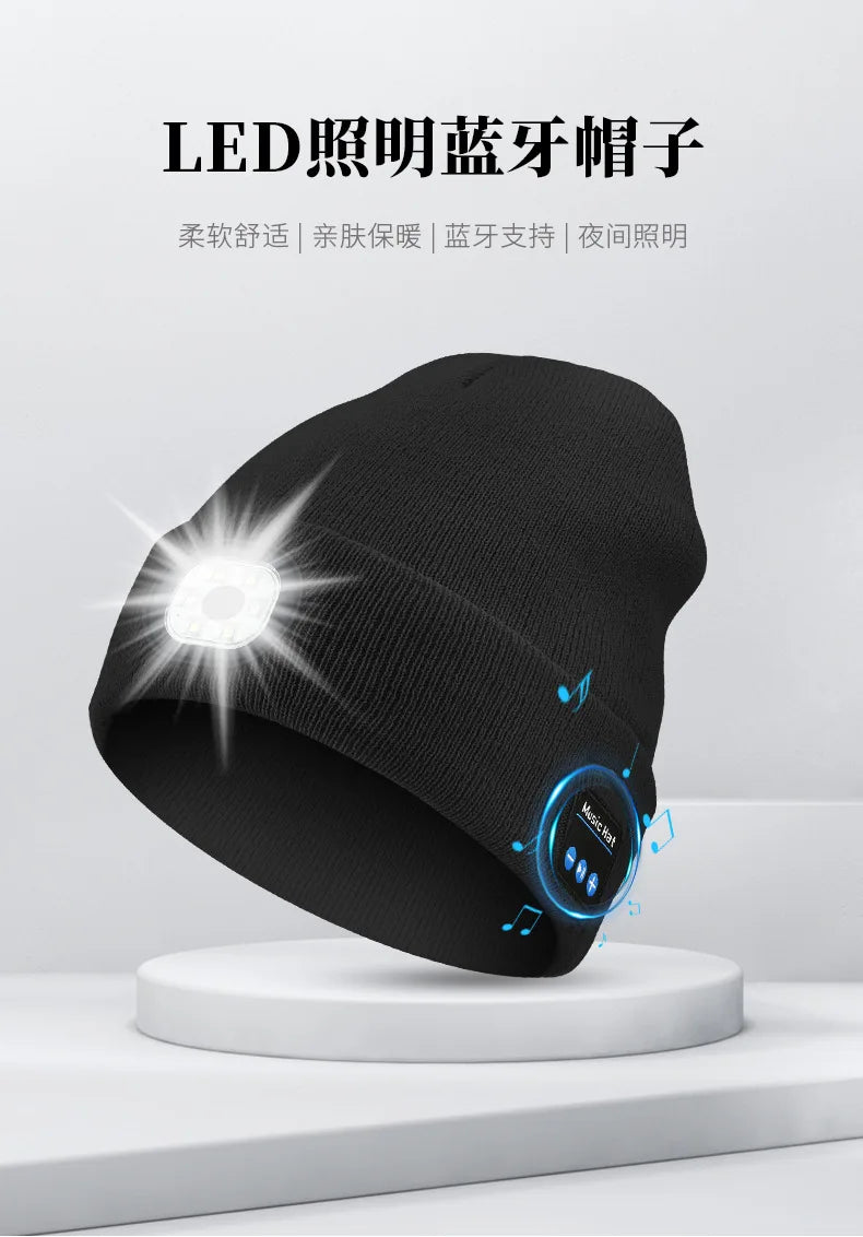Can be equipped with Wireless Bluetooth music knitted hat new outdoorledlighting rechargeable detachable luminous sleeve cap