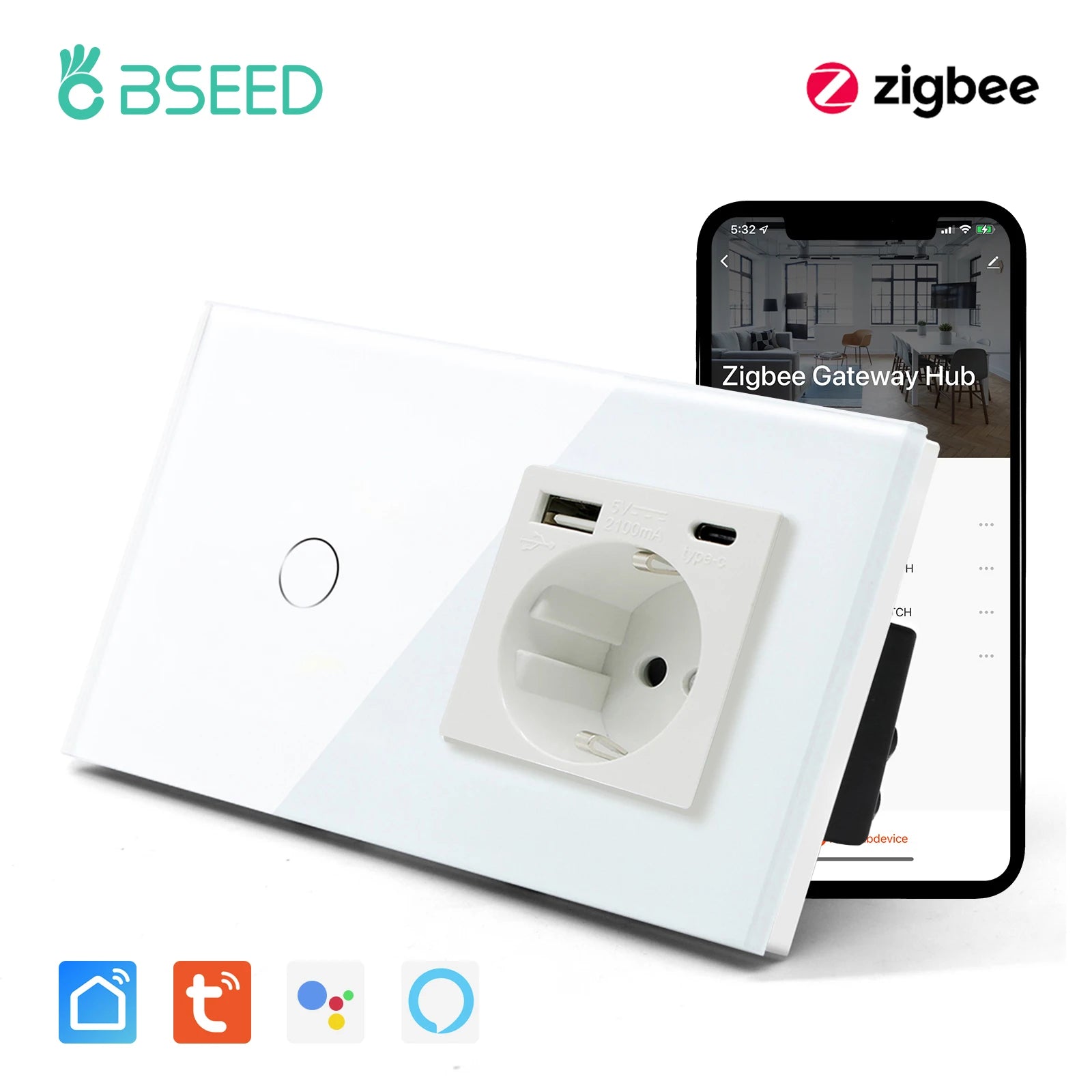 BSEED Zigbee 1/2/3Gang Wall Touch Switches Tuya Smart Life Alexa Control Plus EU Wall Socket USB Type-c Ports No Neutral Version