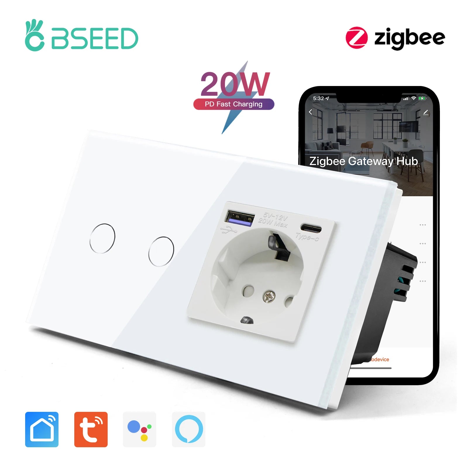 BSEED Zigbee 1/2/3Gang Wall Touch Switches Tuya Smart Life Alexa Control Plus EU Wall Socket USB Type-c Ports No Neutral Version