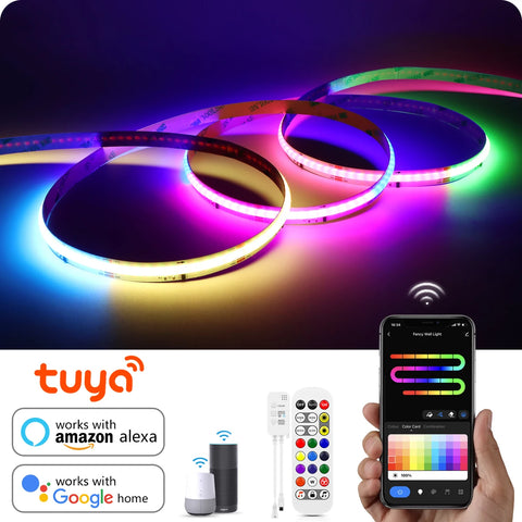 LED strip lights in rainbow colors, remote control, smartphone app, and smart home compatibility logos.