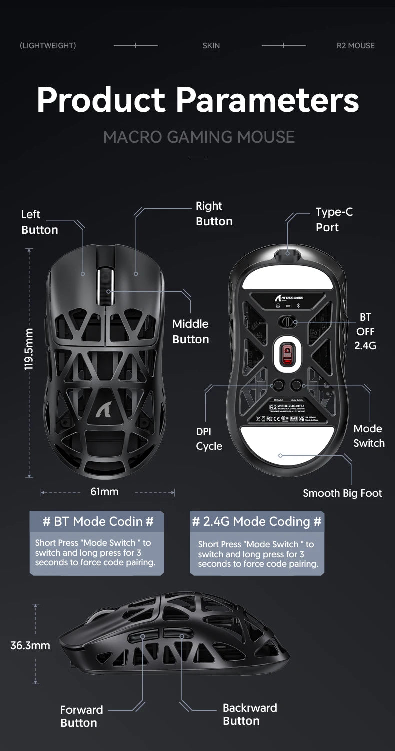 Attack Shark R2 Gaming Wireless Mouse PAW3950 8K Magnesium Alloy Lightweight Gaming Mouse Bluetooth Tri-Mode for Gaming/Office
