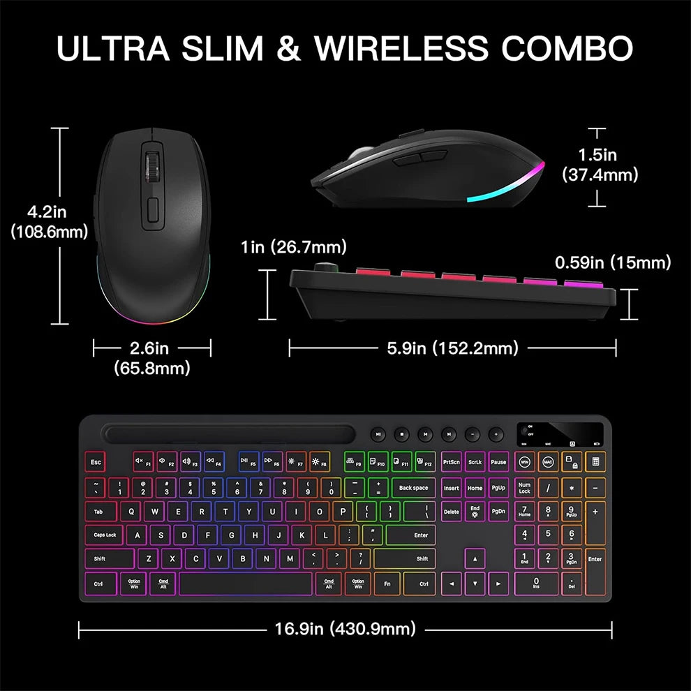 Wireless Keyboard and Mouse Combo with Backlit Full Size Ergonomic Keyboard with Phone Tablet Holder 2.4G Mouse for PC Laptop