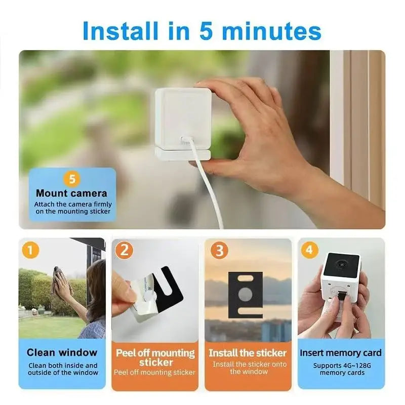 1080P HD WiFi Window Camera Glass Mount Security Camera Color Night Vision AI Motion Detection Two way Audio Cam