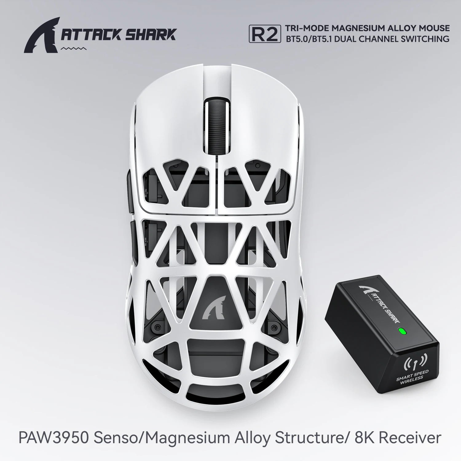 Attack Shark R2 Gaming Wireless Mouse PAW3950 8K Magnesium Alloy Lightweight Gaming Mouse Bluetooth Tri-Mode for Gaming/Office
