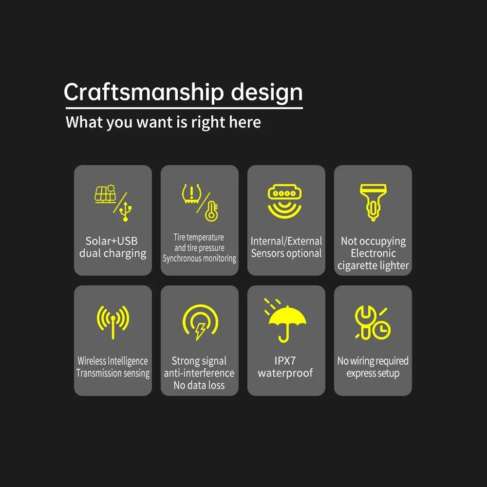 TPMS Tire Pressure Monitoring System Car Safety Alarm System Wireless Solar/USB Powered 4 Sensors with Color Digital Display