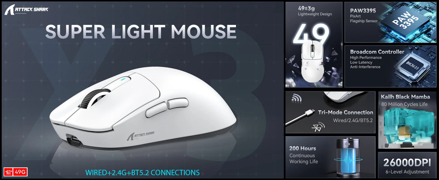 ATTACK SHARK X3 Lightweight Wireless Gaming Mouse, 49g Tri-Mode,PAW3395 26K DPI Sensor, 200h Battery Life,5 Programmable Buttons