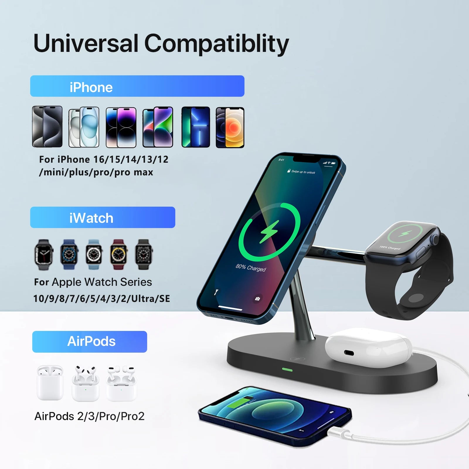 3 in 1 Wireless Charger Stand For iPhone 12/13/14/15/16/17 Fast Charging Station for Apple Watch 10 9 8 7 6 5 4 Airpods 2 3 Pro
