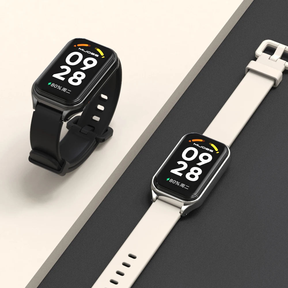 Two smartwatches: one with a black band, one with a white band, both showing 09:28 on the display.
