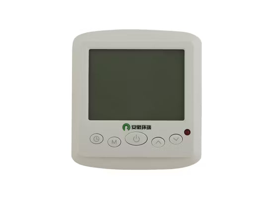White digital thermostat with a large screen and four oval buttons below it.
