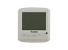 White digital thermostat with a large screen and four oval buttons below it.